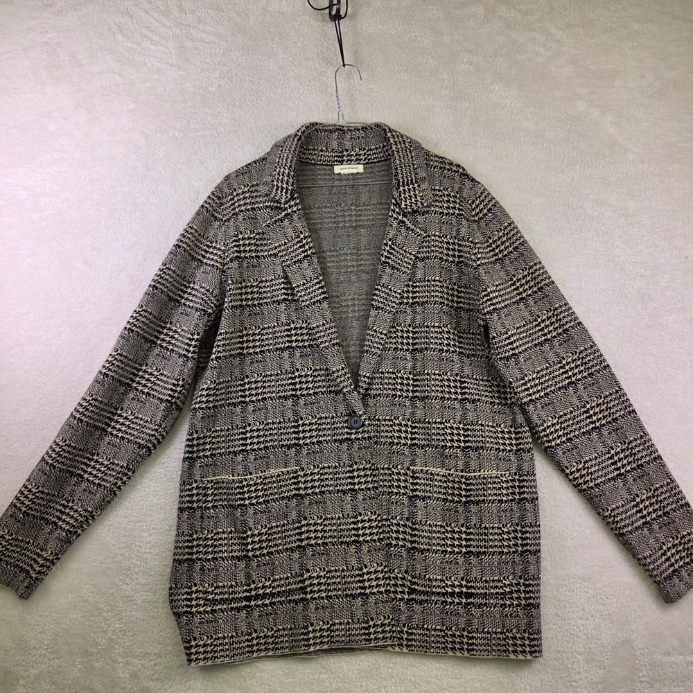 Max Studio Womens Black Cream Plaid Knit Blazer Cardigan Jacket Size L